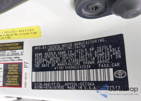 2016 Toyota Camry Se из США, поврежденный, VIN 4T1BF1FK9GU243214